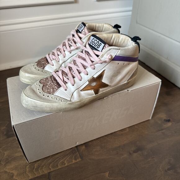 Women’s Golden Goose Mid Star Gold Orange Purple Pink Glitter Suede Size 37 EUC - Picture 1 of 16